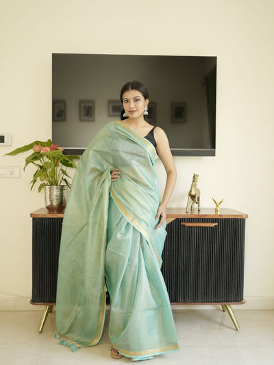 Green Tissue Linen Saree With Zari Border