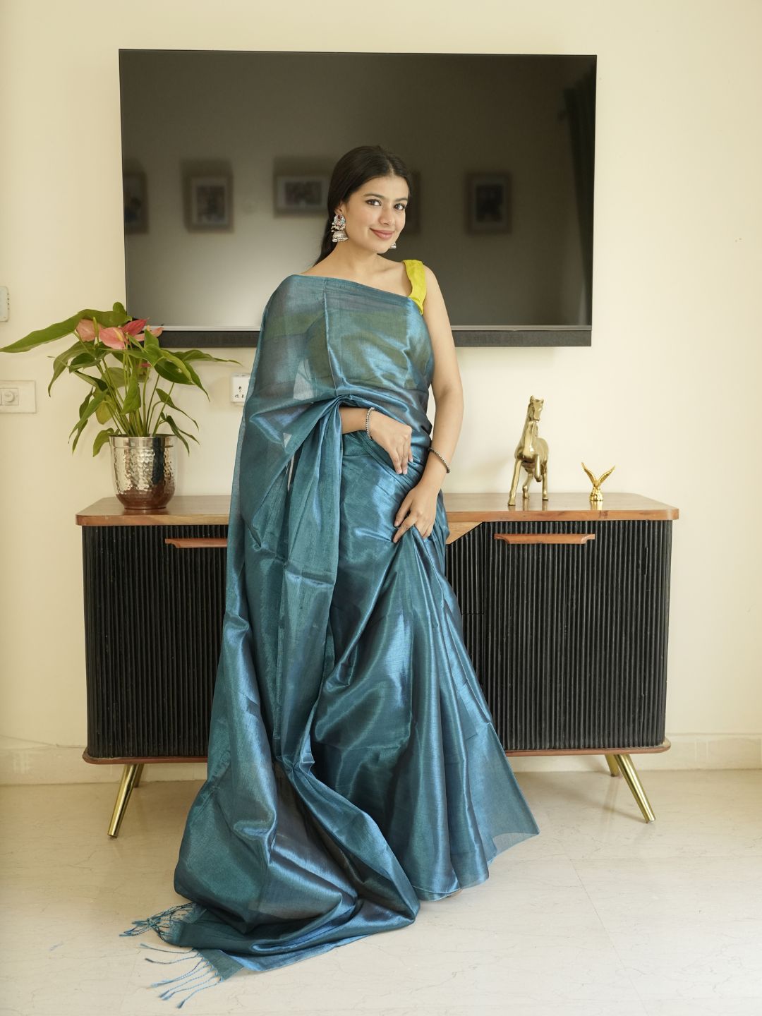 Blue Glass Tissue Silk Saree