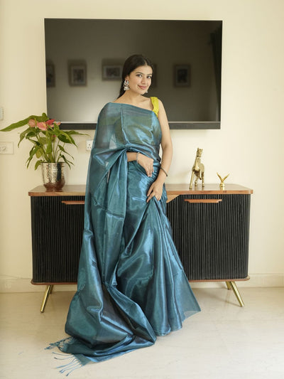 Blue Glass Tissue Silk Saree