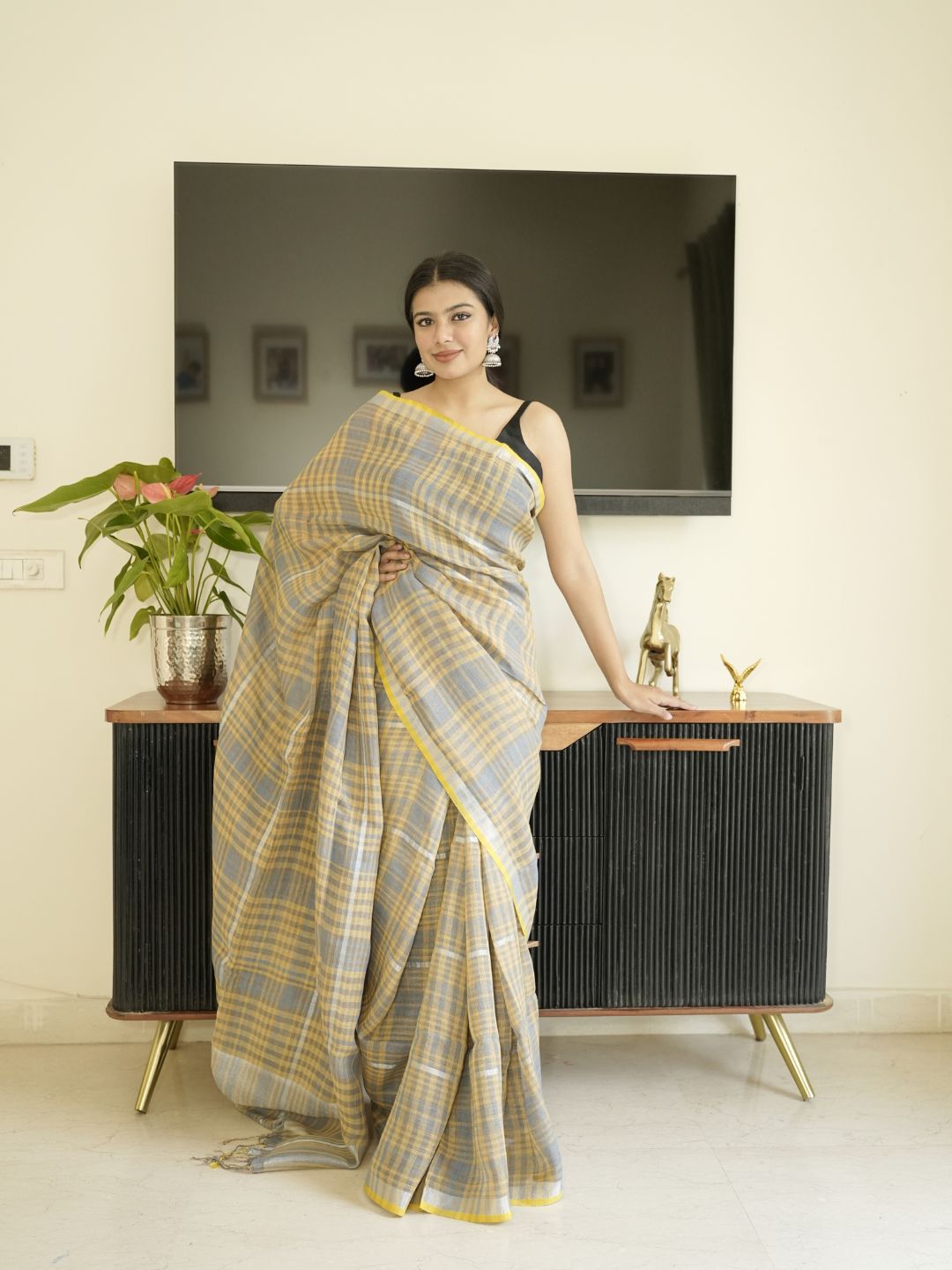 Yellow-Grey Checked Linen Saree