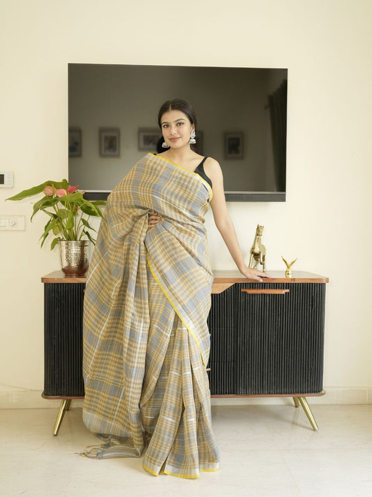 Yellow-Grey Checked Linen Saree