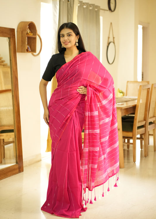 Blush Lines – Pink & White Striped Cotton Saree
