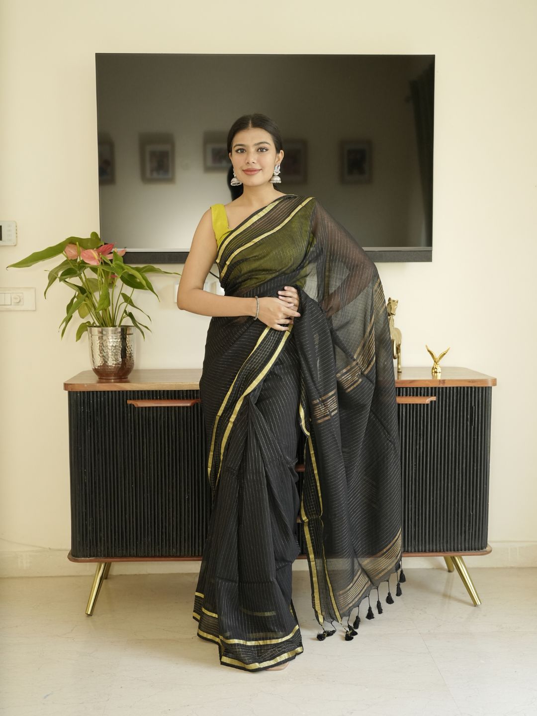 Black Mul Cotton Saree With Zari Sripes