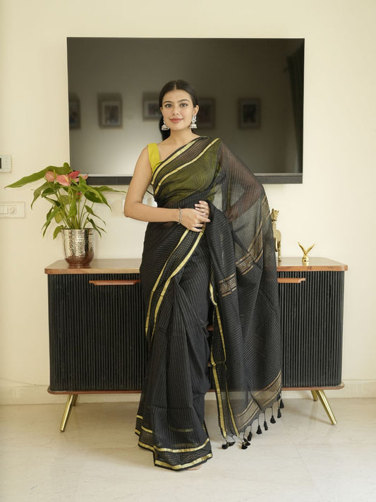 Black Mul Cotton Saree With Zari Sripes
