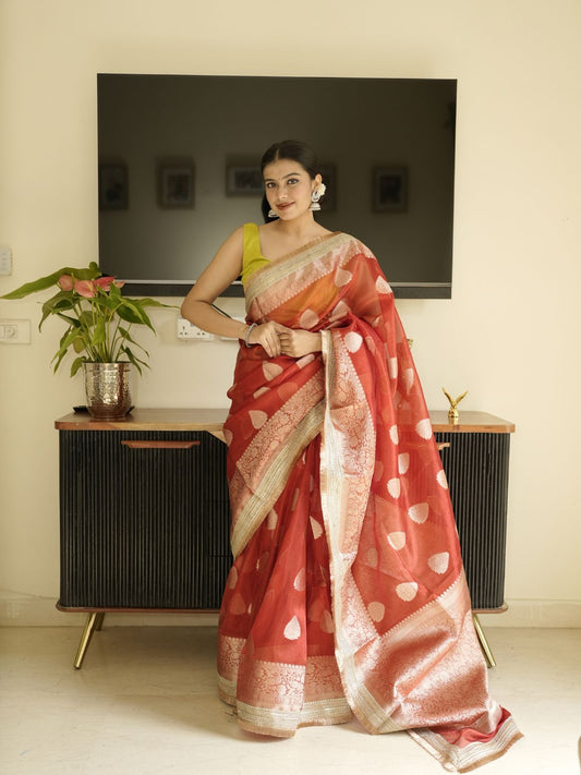 Red Banarasi Saree With Zari Border