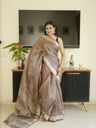 Chocolate Brown Tissue Linen Saree With Zari Border