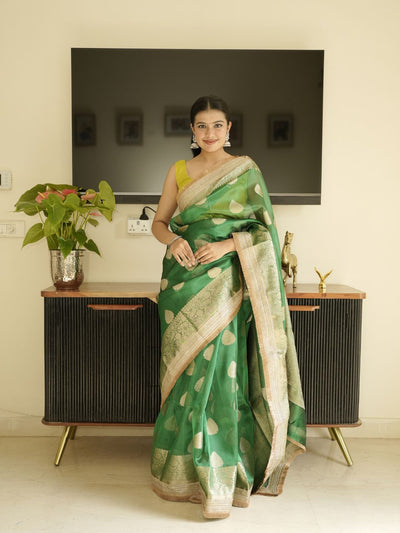 Green Banarasi Saree With Zari Border