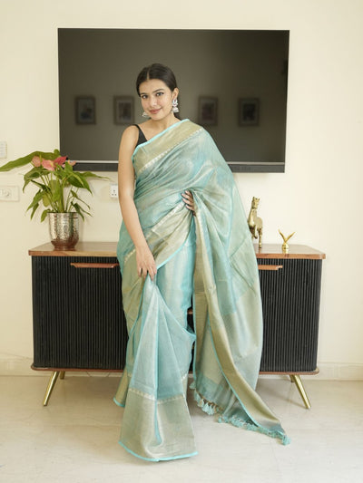 Blue Tissue Linen Saree With Zari Border