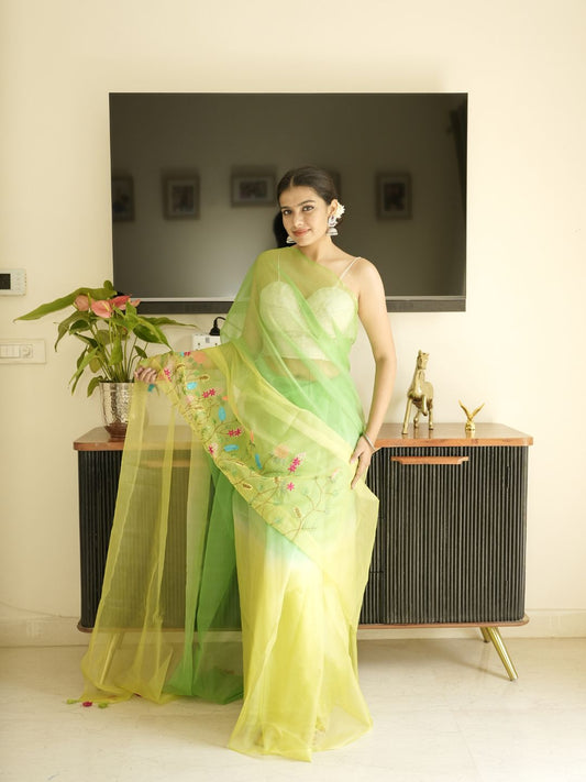 Green-Lime Green Ombre Organza Saree With Hand Embroidery
