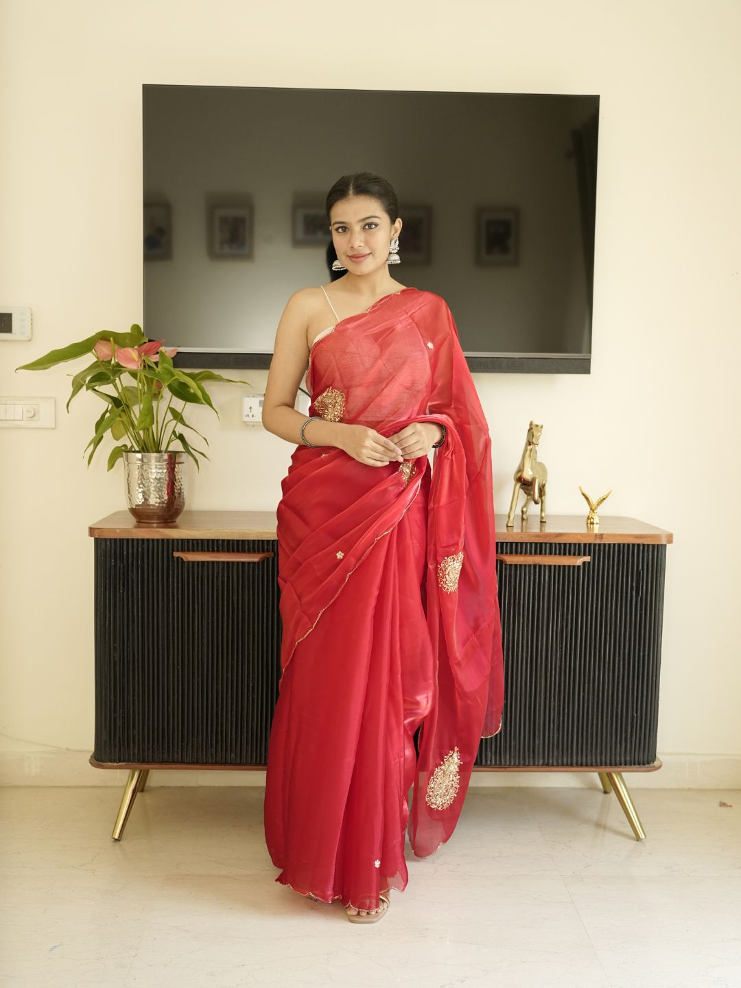 Red Organza Saree With Hand Zardoshi Work