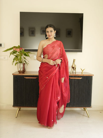 Red Organza Saree With Hand Zardoshi Work