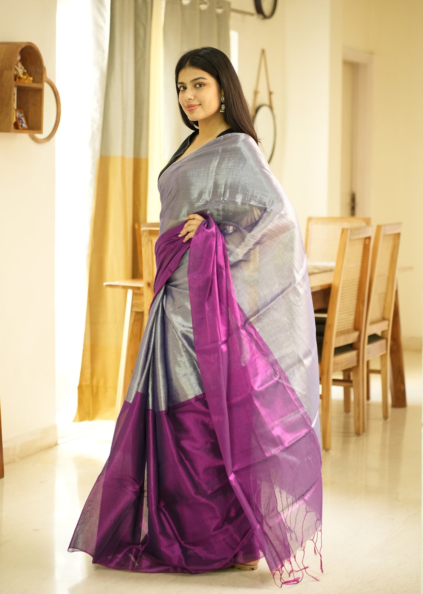 Moonlit Blush – Pink & Silver Glass-Finish Tissue Saree