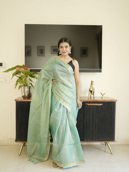 Green Tissue Linen Saree With Zari Border