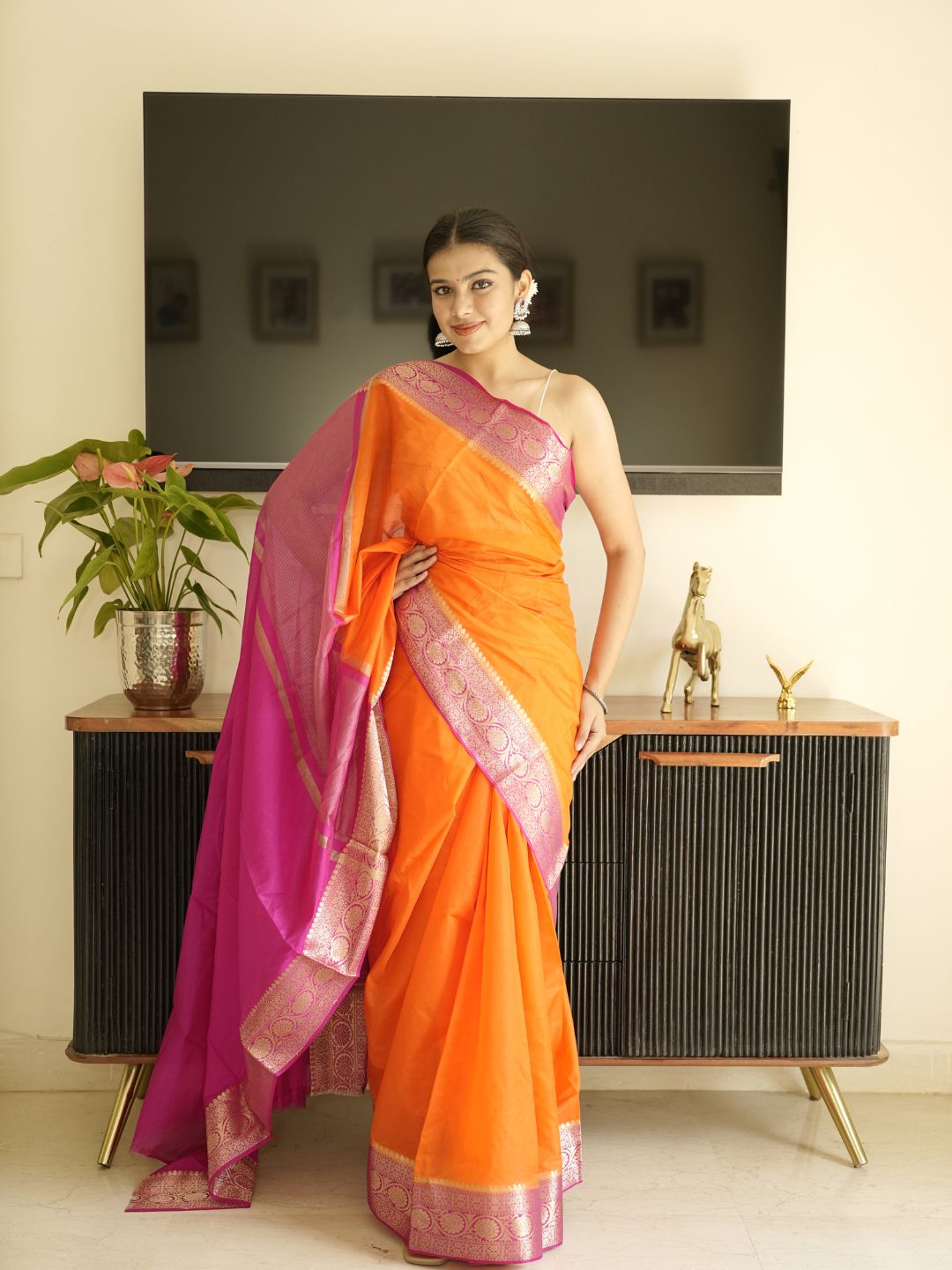Orange Silk Saree With Pink Pallu