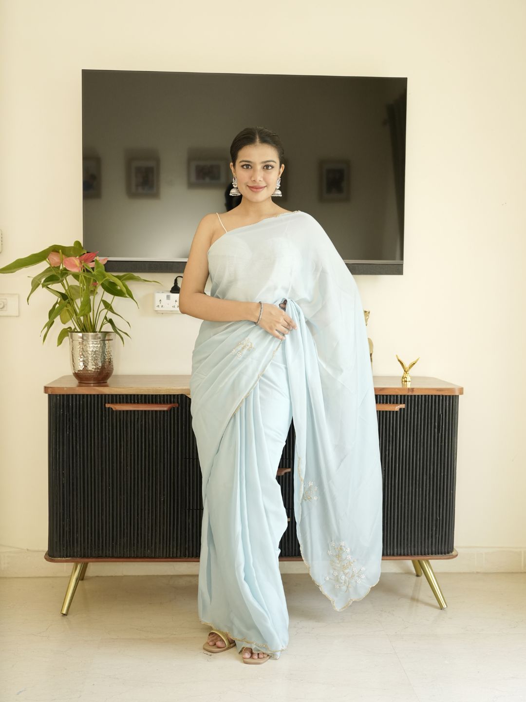 Blue Georgette Saree With Hand Zardoshi Work & Navy Blue Velvet Blouse Piece
