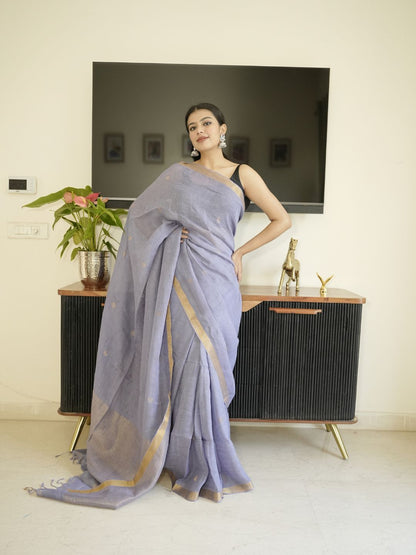 Lavender Linen Silk Saree With Zari Border