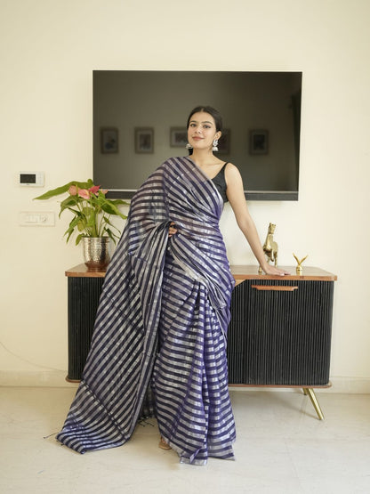 Blue Mul Cotton Saree With Zari Sripes