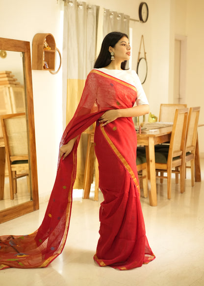 Paithani Blossom – Handpainted Red Linen Saree