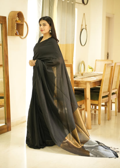 Twilight Tale – Black Cotton Saree with Gold & Silver Zari Pallu