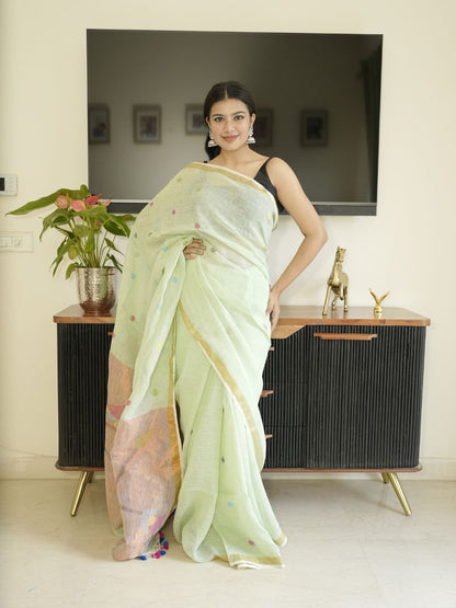 Green Paithani Linen Saree With Hand Embroidery