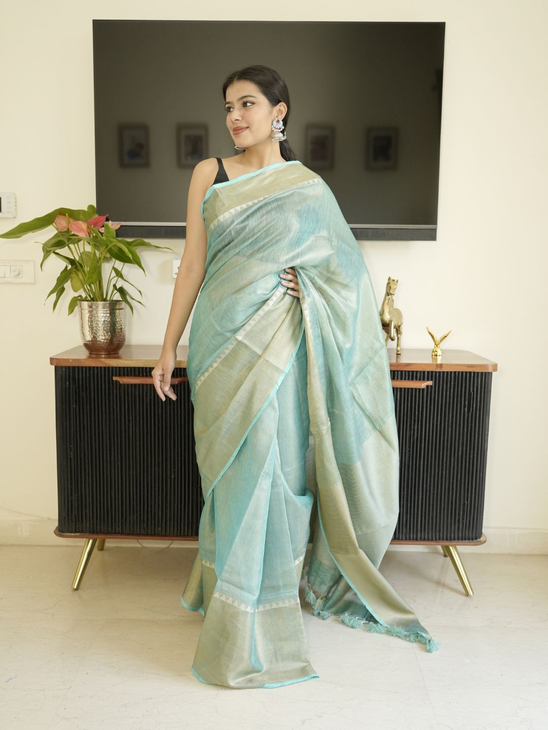 Blue Tissue Linen Saree With Zari Border