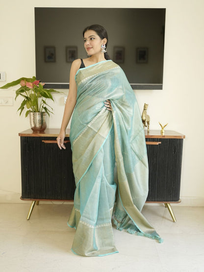 Blue Tissue Linen Saree With Zari Border