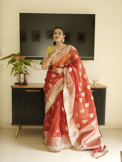 Red Banarasi Saree With Zari Border