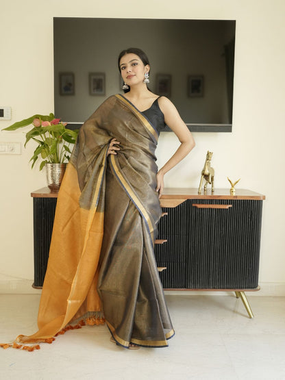 Grey Tissue Linen Saree With Golden Zari Pallu