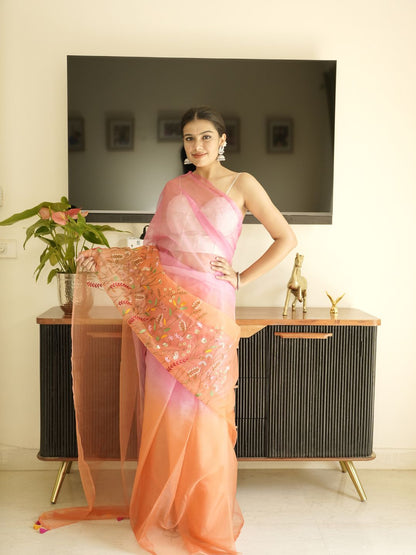 Orange-Pink Ombre Organza Saree With Hand Embroidery