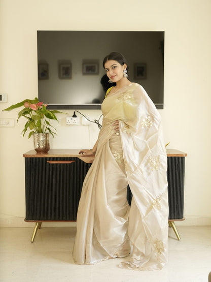 Ivory Organza Saree With Hand Zardoshi Work