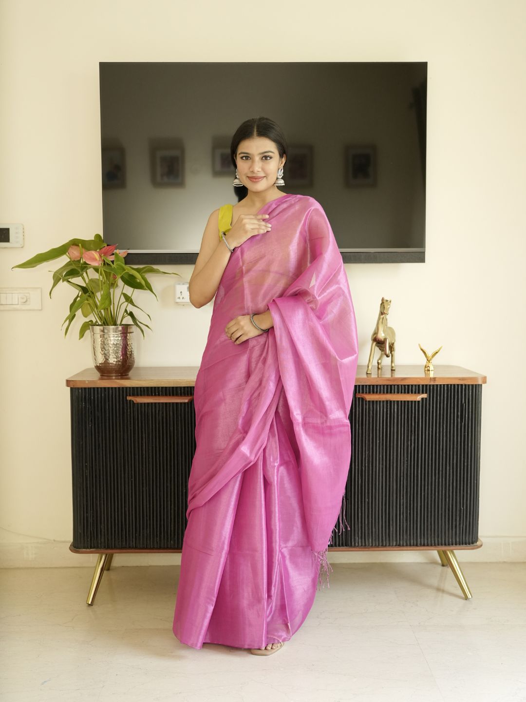 Pink Glass Tissue Silk Saree