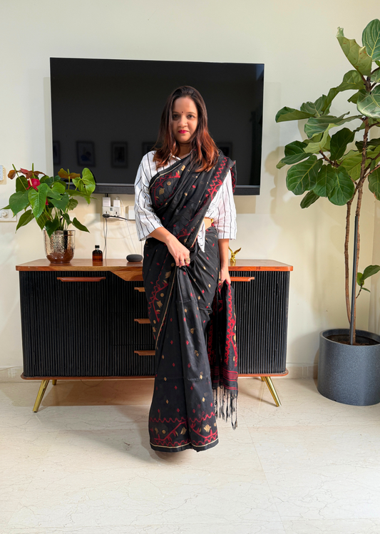 Black Jamdani Cotton Saree with Red & Gold Motifs