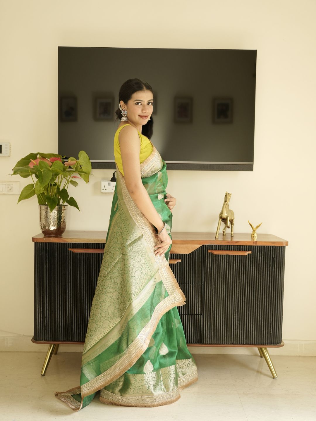 Green Banarasi Saree With Zari Border