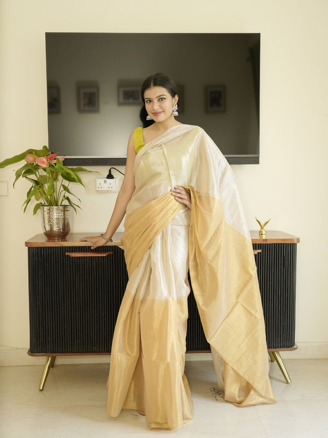 Ivory & Gold Glass Tissue Silk Saree