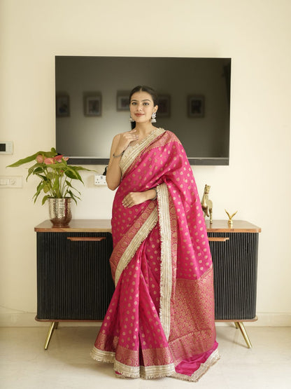 Pink-Gold Banarasi Silk Saree With Lace Border