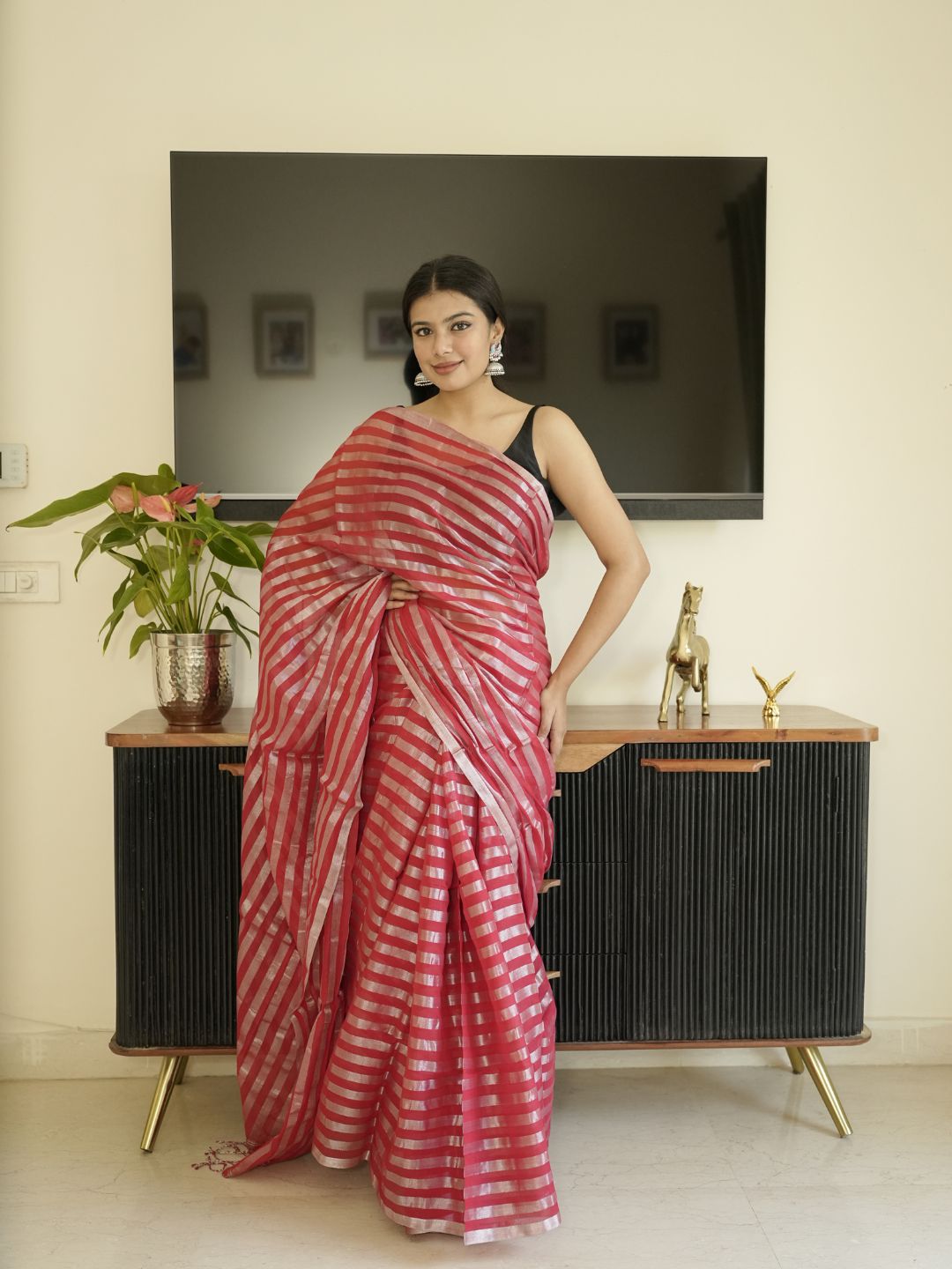 Red Saree With Silver Zari Striped