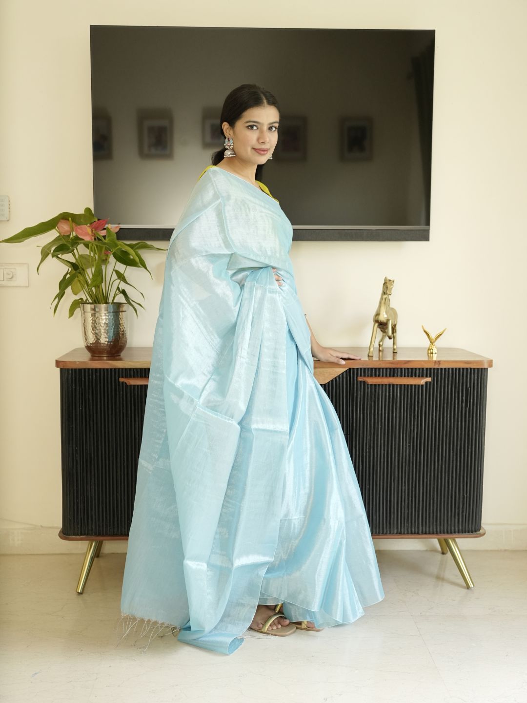 Blue Glass Tissue Silk Saree