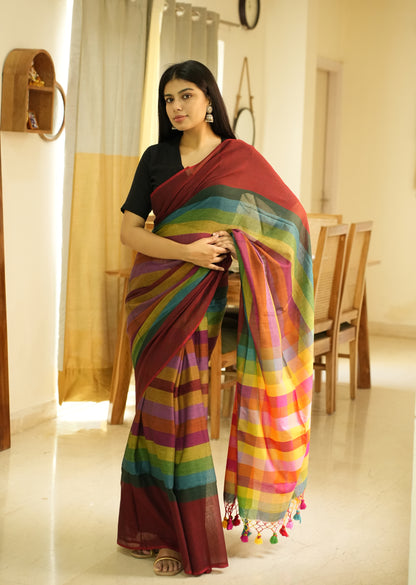 Red Palettes – Maroon Mul Cotton Saree with Striped Checked Pallu
