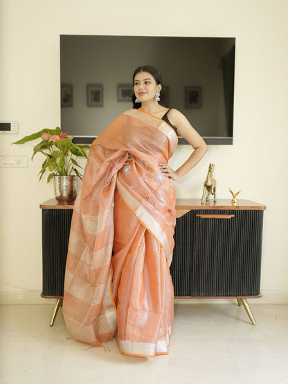 Orange Tissue Linen Saree With Hand Embroidery