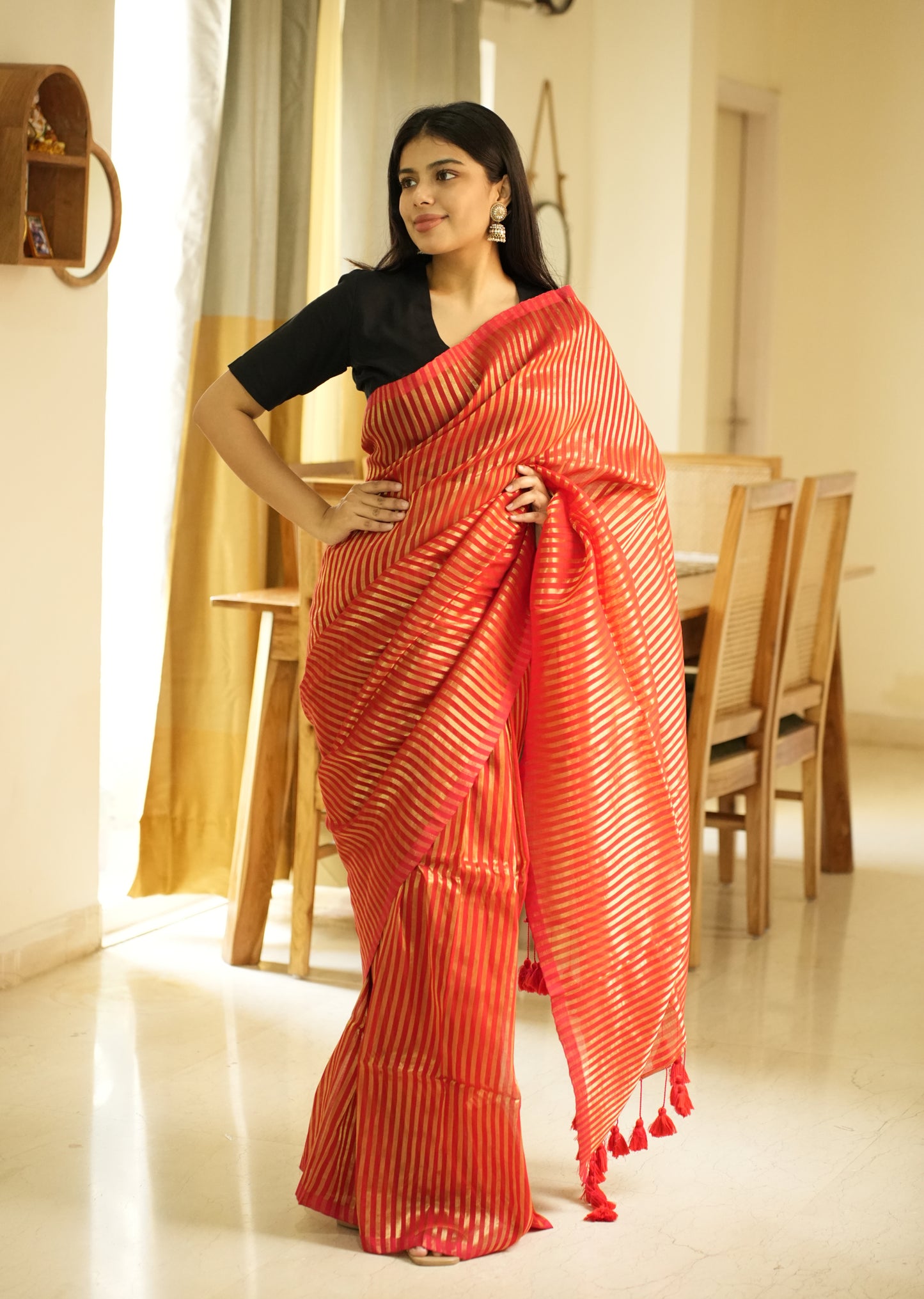 Golden Whisper – Red Mul Cotton Saree with Zari Stripes