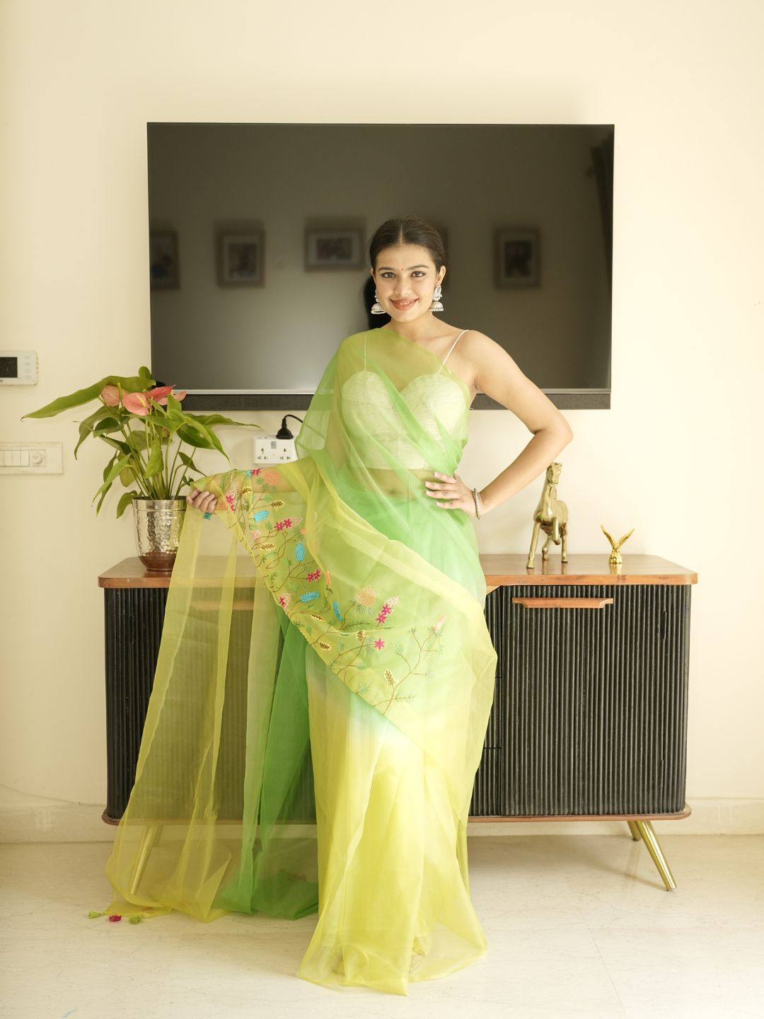 Green-Lime Green Ombre Organza Saree With Hand Embroidery