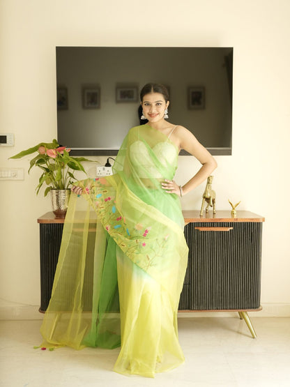 Green-Lime Green Ombre Organza Saree With Hand Embroidery