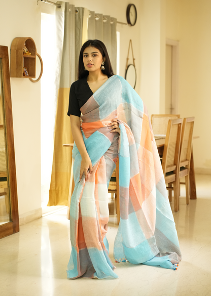 Vibrant Checks: Turquoise & Orange Linen Saree