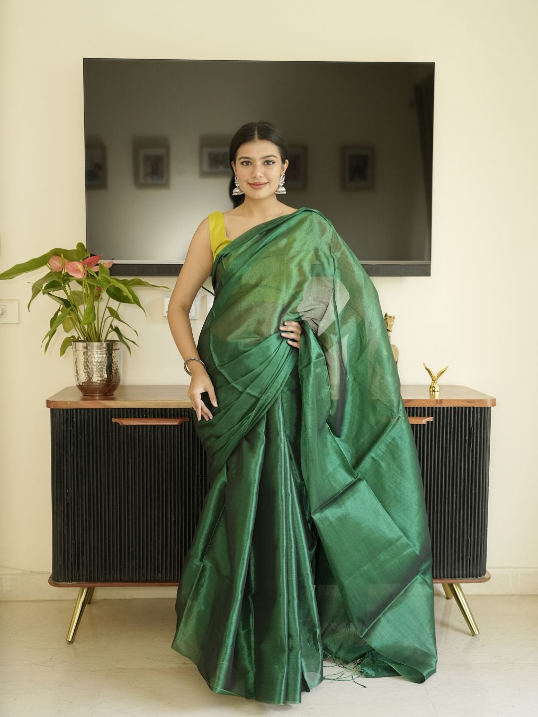 Green Glass Tissue Silk Saree