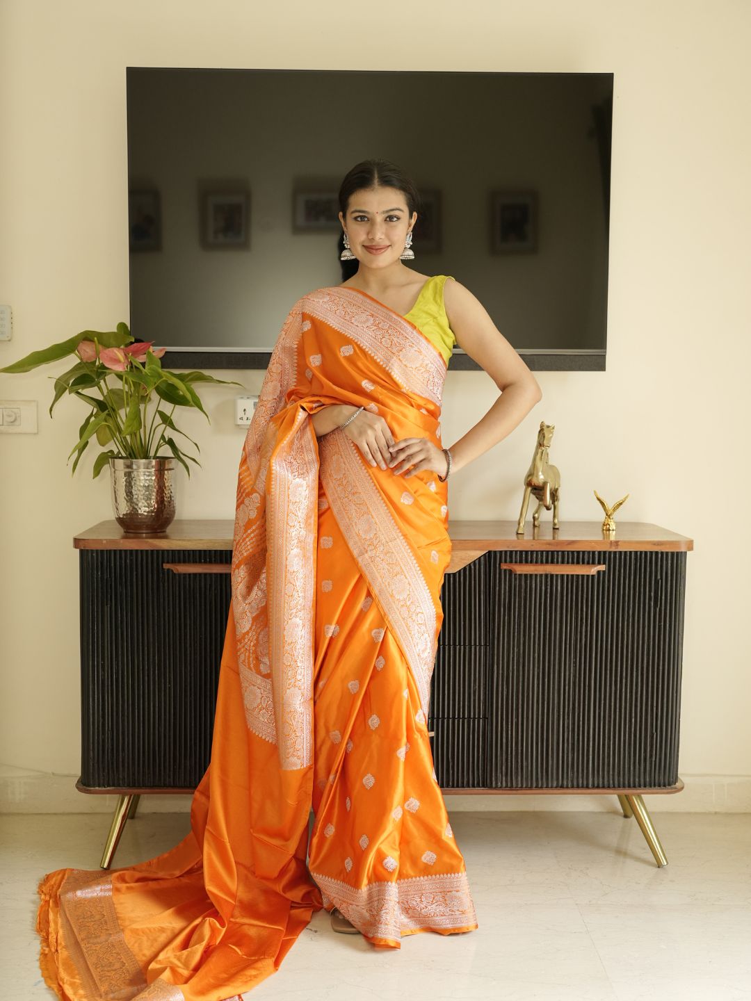 Orange Banarasi Silk Saree With Zari Border