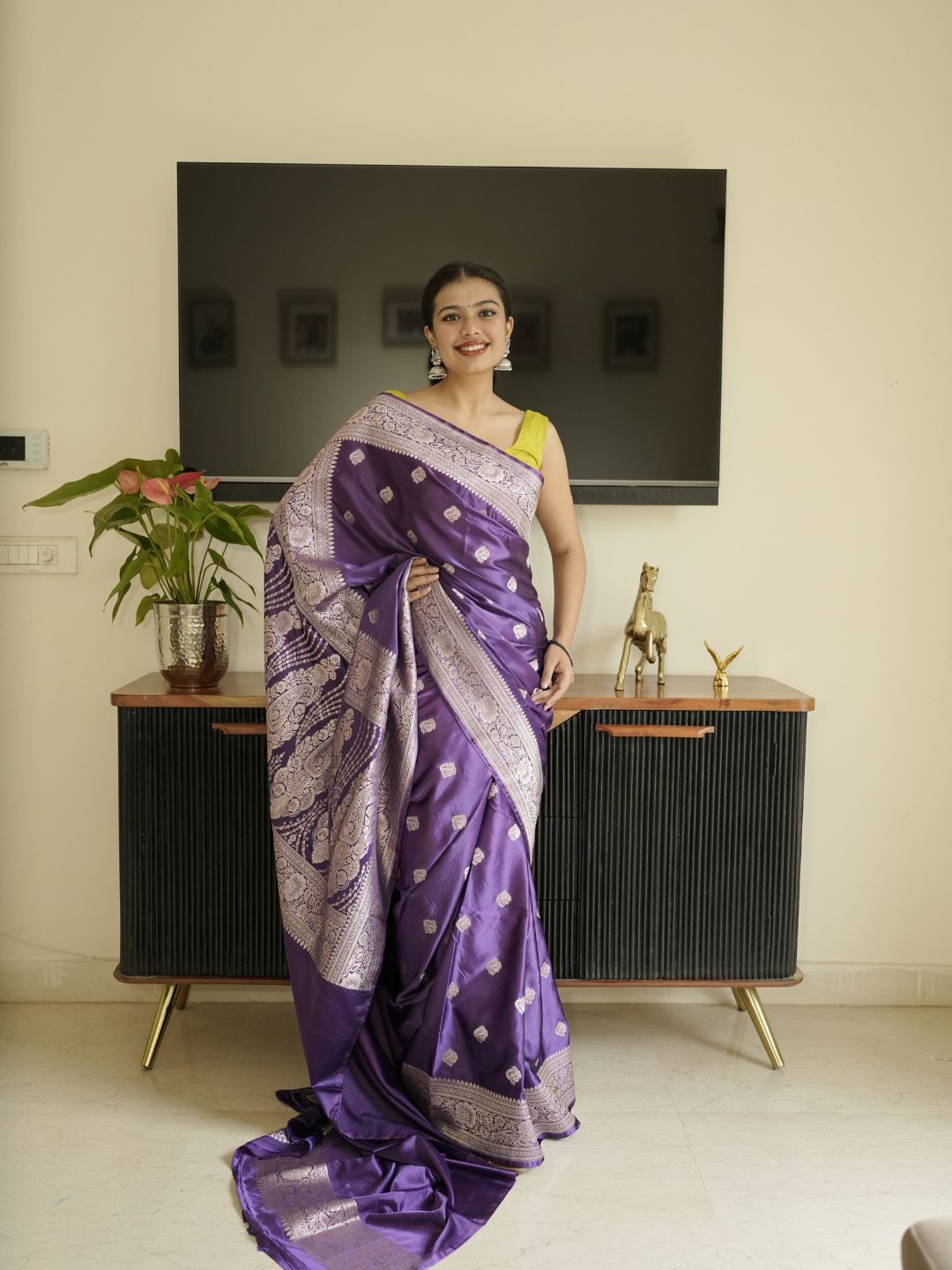 Purple Banarasi Silk Saree With Zari Border