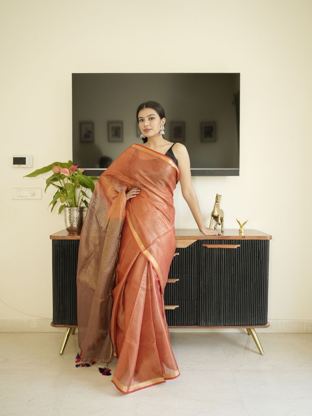 Orange & Brown Dual Tone Tissue Linen Saree