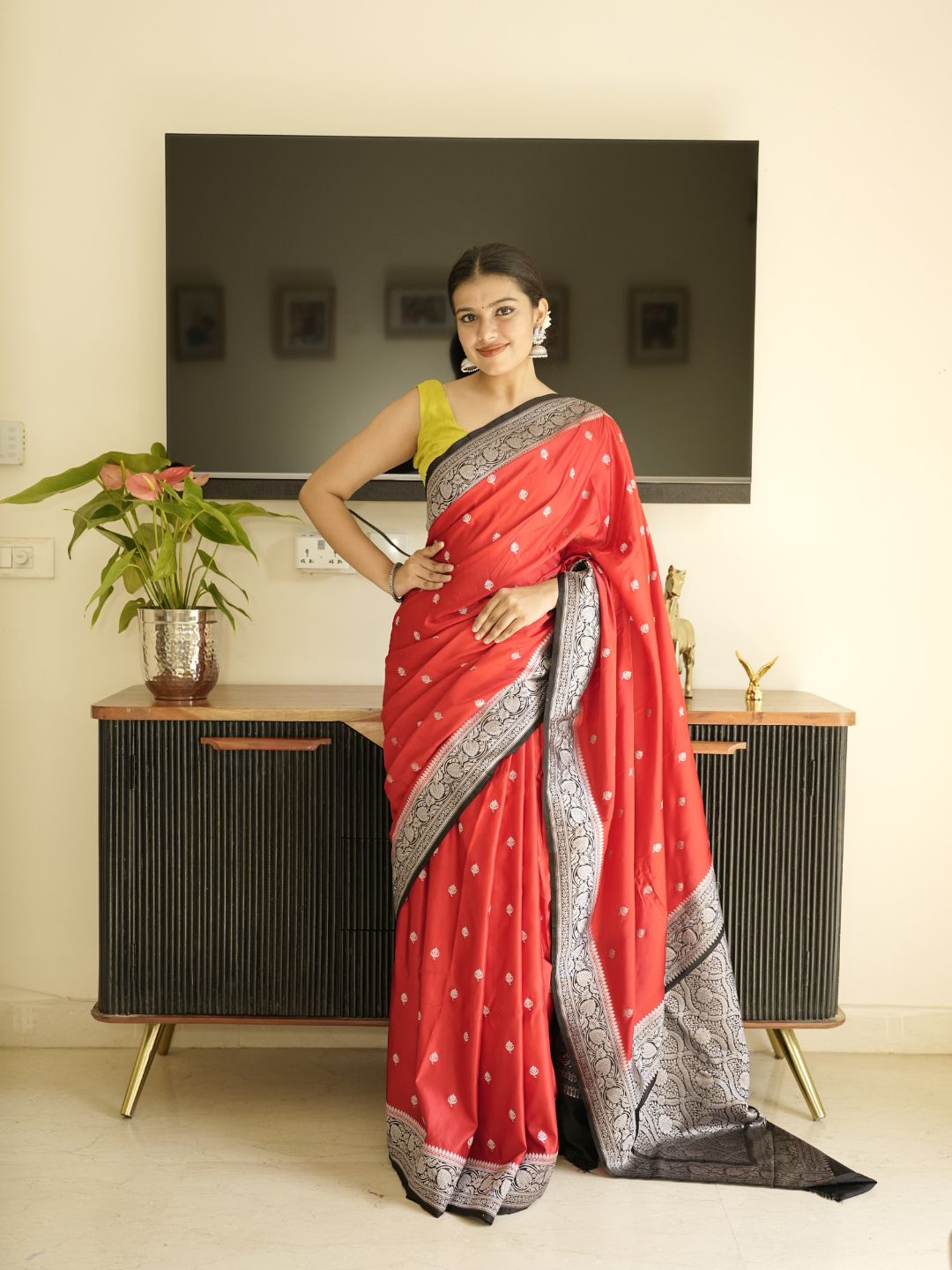Red Banarasi Silk Saree With Black Border