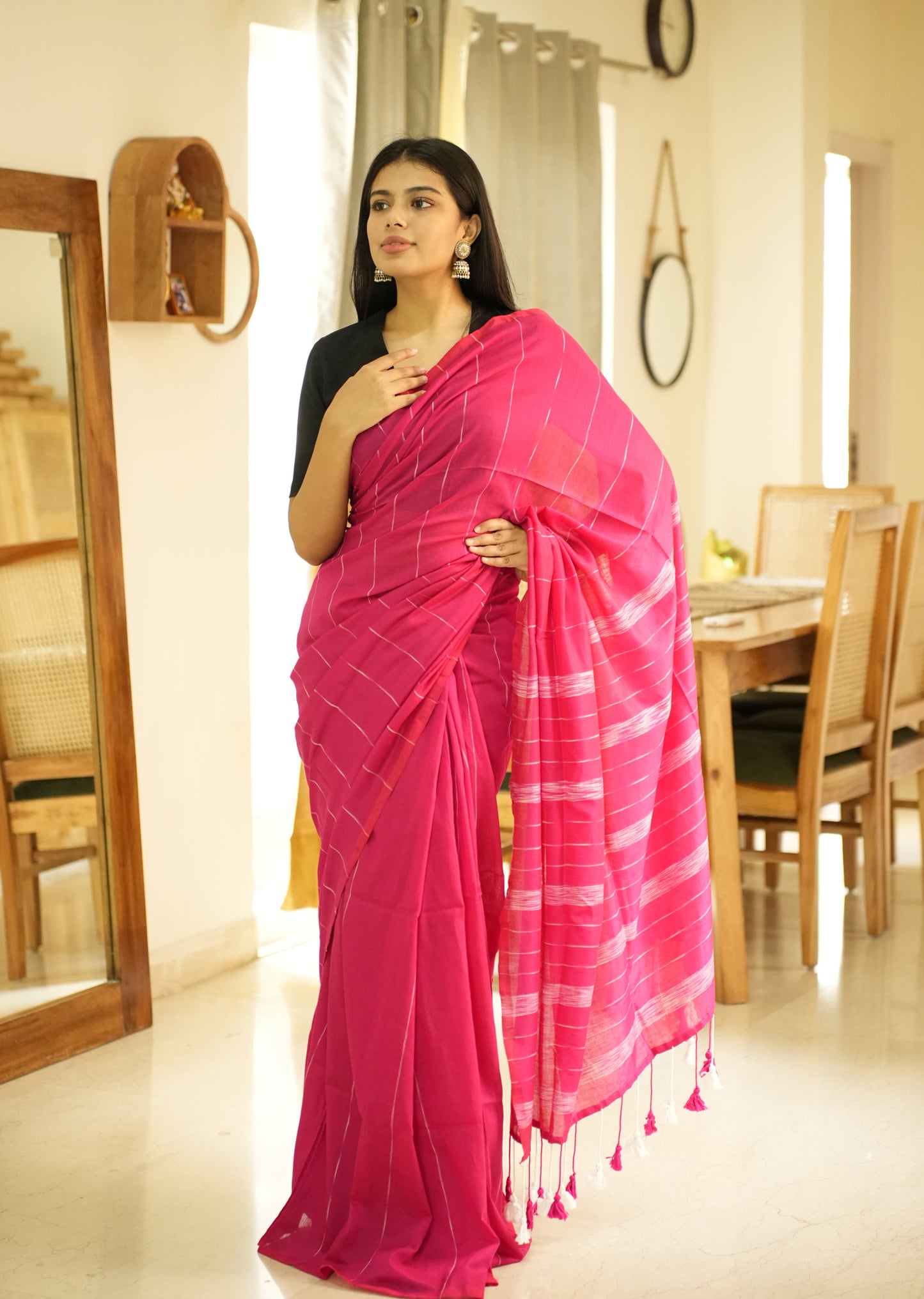 Blush Lines – Pink & White Striped Cotton Saree