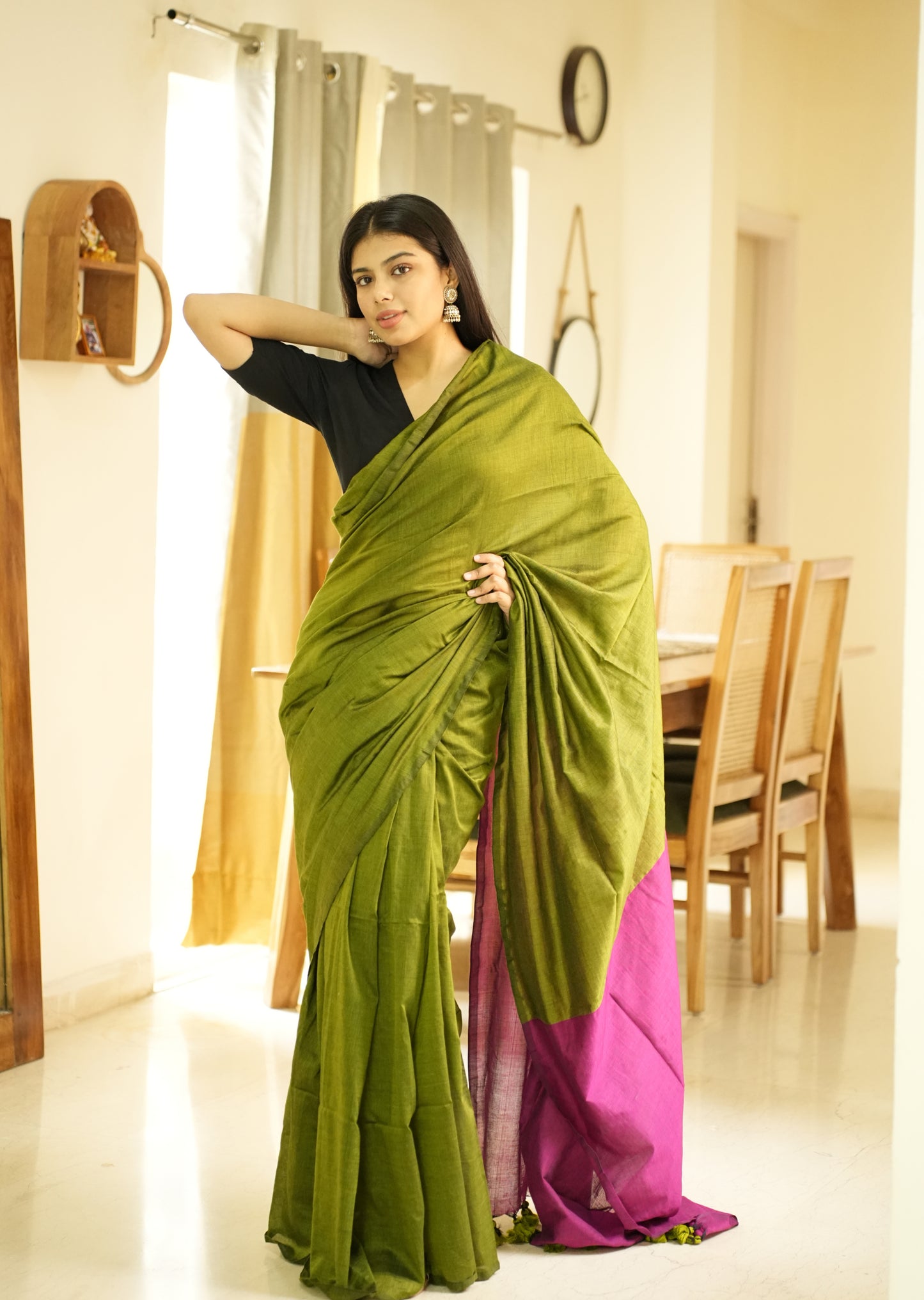 Spring Song – Green & Pink Cotton Saree